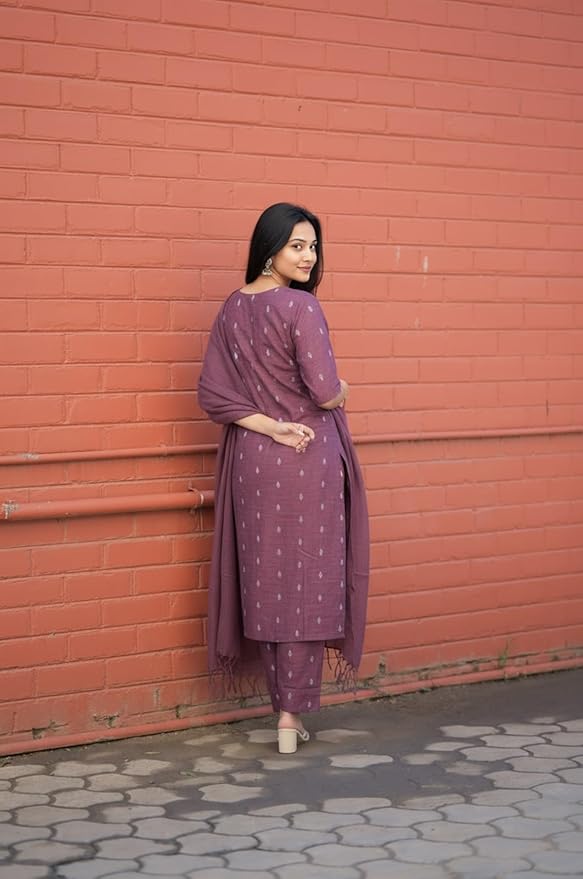 Urban Looms Women’s Purple Printed Kurta Set | Pure Viscose 3 Piece Ethnic Suit Set with Pant & Dupatta | Festive for Women | Cotton Kurta Sets for Woman