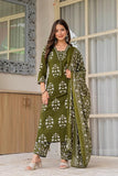 Urban Looms Women's Pure Cotton Printed Straight Kurta Set with Palazzo Pants & Dupatta- Ethnic Wear, Green