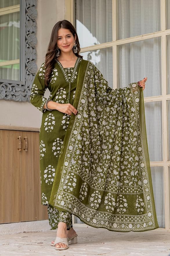 Urban Looms Women's Pure Cotton Printed Straight Kurta Set with Palazzo Pants & Dupatta- Ethnic Wear, Green