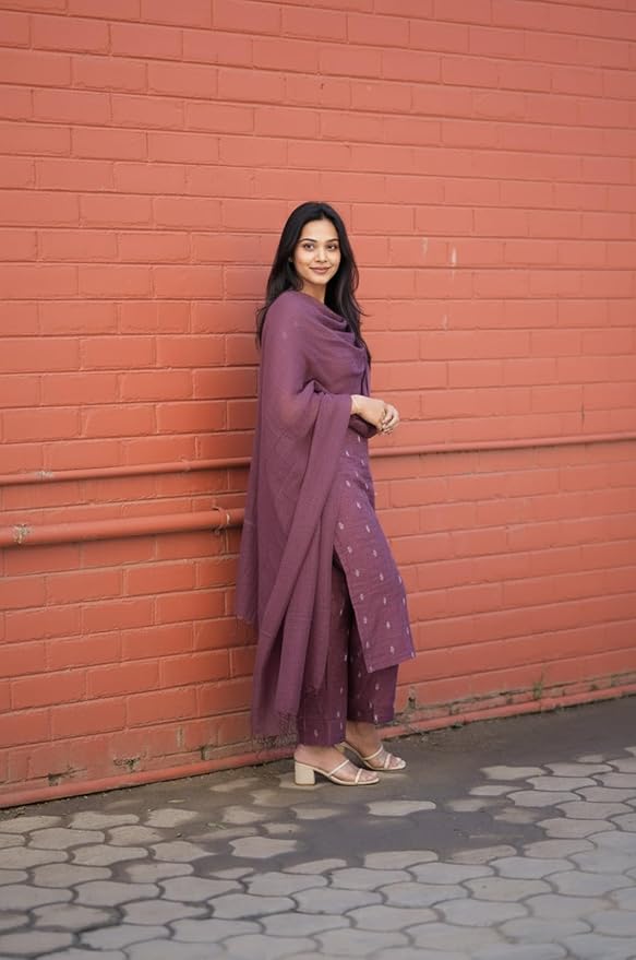 Urban Looms Women’s Purple Printed Kurta Set | Pure Viscose 3 Piece Ethnic Suit Set with Pant & Dupatta | Festive for Women | Cotton Kurta Sets for Woman