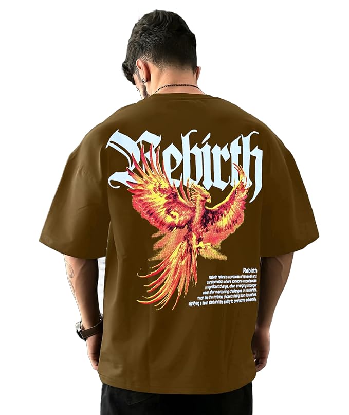 Urban Looms Men's Stylish Cotton Round Neck 3/4th Sleeve Oversized T-Shirt (Brown)