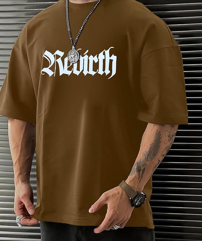 Urban Looms Men's Stylish Cotton Round Neck 3/4th Sleeve Oversized T-Shirt (Brown)