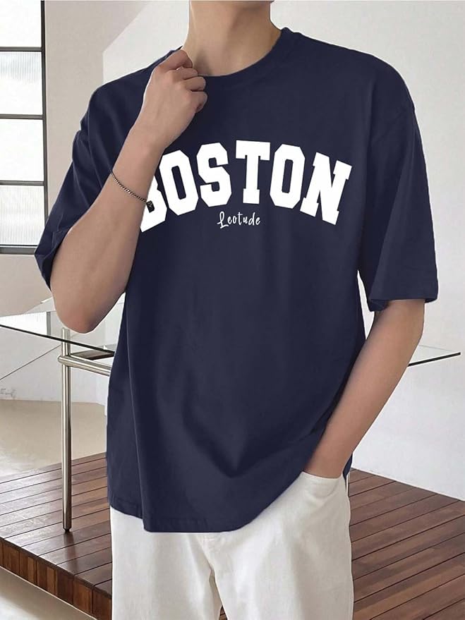 Urban Looms Man Cotton Print Round Neck Oversized T Shirt (Color Navy Blue)