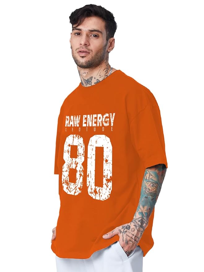 Urban Looms Men Round Neck Printed Cottonblend Oversized Tshirts (Colour: Orange)