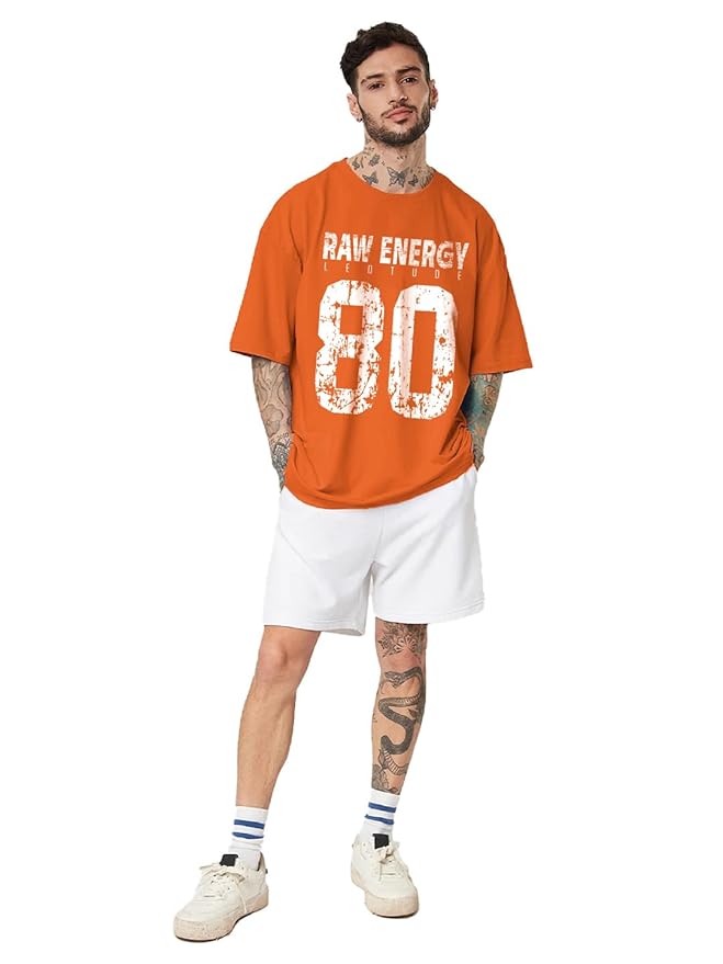 Urban Looms Men Round Neck Printed Cottonblend Oversized Tshirts (Colour: Orange)