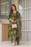 Urban Looms Women's Pure Cotton Printed Straight Kurta Set with Palazzo Pants & Dupatta- Ethnic Wear, Green